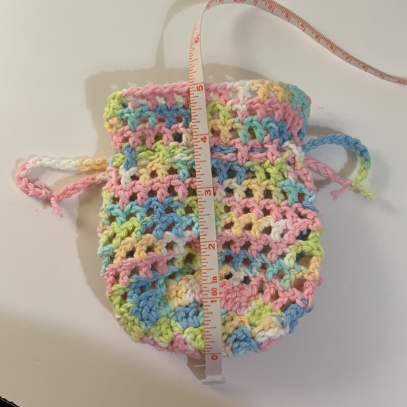 Crochet Draw String Bag Pink Blue Green White Cotton Thread - Picture 4 of 5